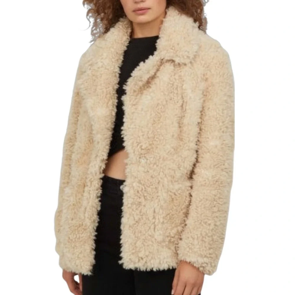 H&M DIVIDED Cream Faux Fur SHAGGY TEDDY BEAR Faux Curly Lamb JACKET/COAT sz S